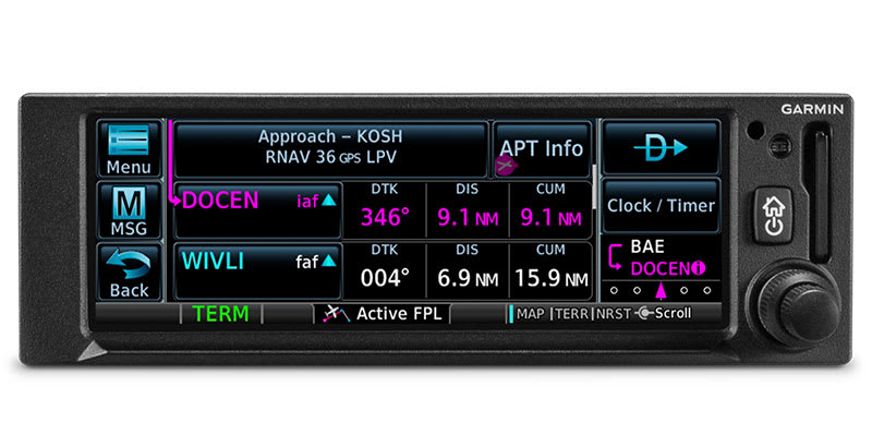 Garmin GPS 175 exibindo a aproximacao RNAV 36 GPS LPV em KOSH com os waypoints DOCEN e WIVLI