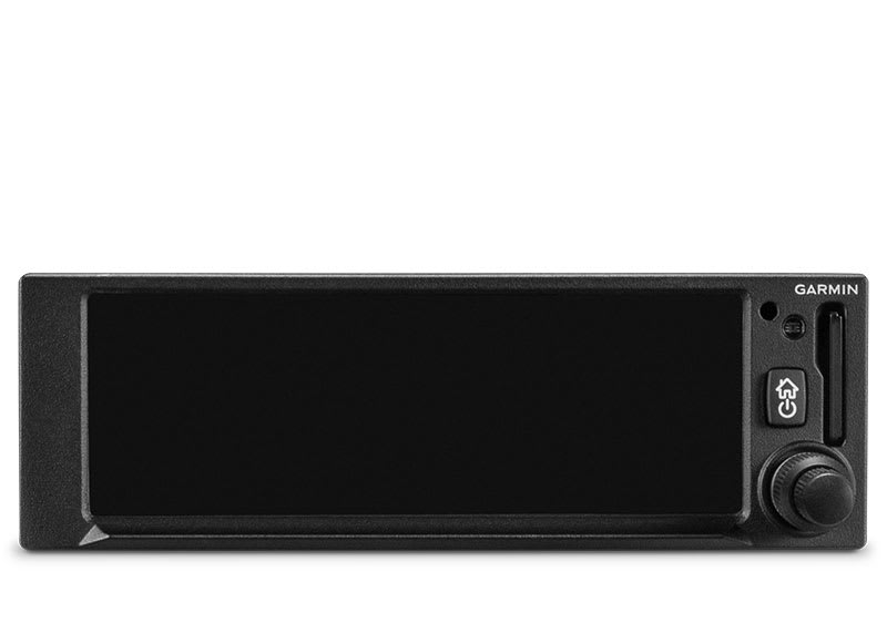 Garmin GPS 175 visto de frente com a tela desligada, mostrando o bezel, o slot de cartao, a tecla Home e o knob